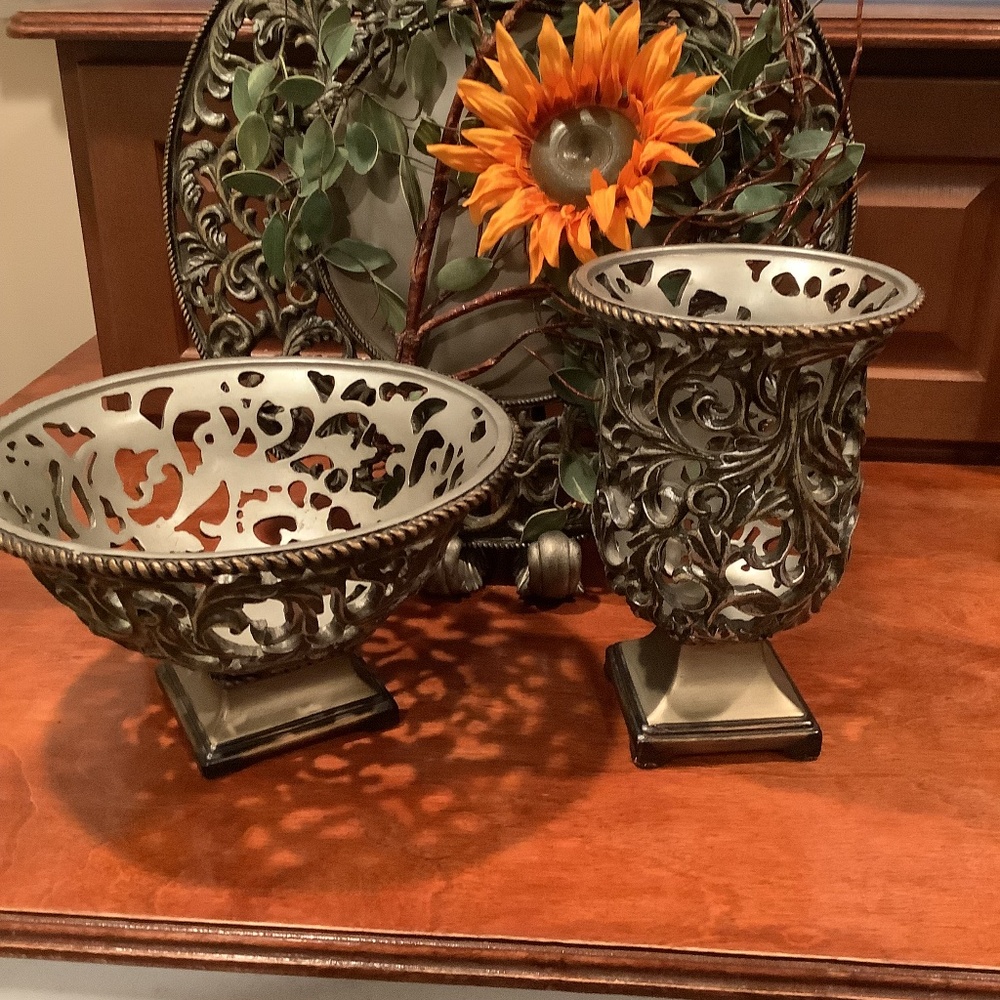 Silver color,Scroll Design silver plated/ bowl,vase,platter. Like new